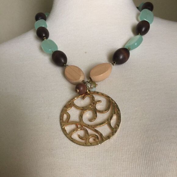 Necklace Wood and Stone‎ w/Gold Brown and Green - Picture 6 of 7